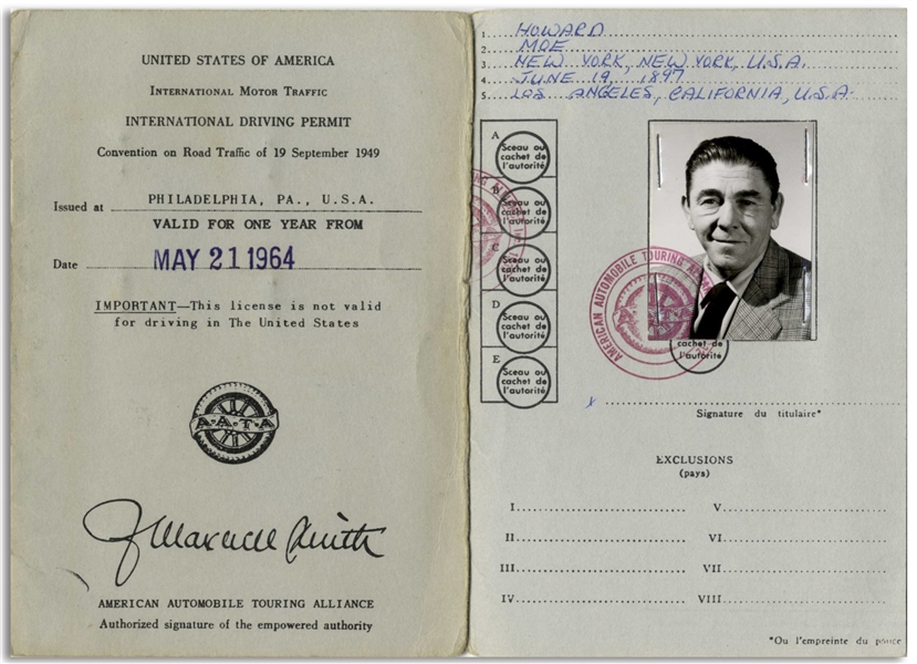 Moe Howard's International Driving Permit, Dated May 1964 -- With Photo of Moe Inside & His Information, Likely in His Hand -- Booklet Measures 4.25'' x 6'' -- Very Good Plus